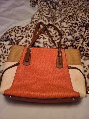 Michael Kors Pink/Red and Tan Signature Tote